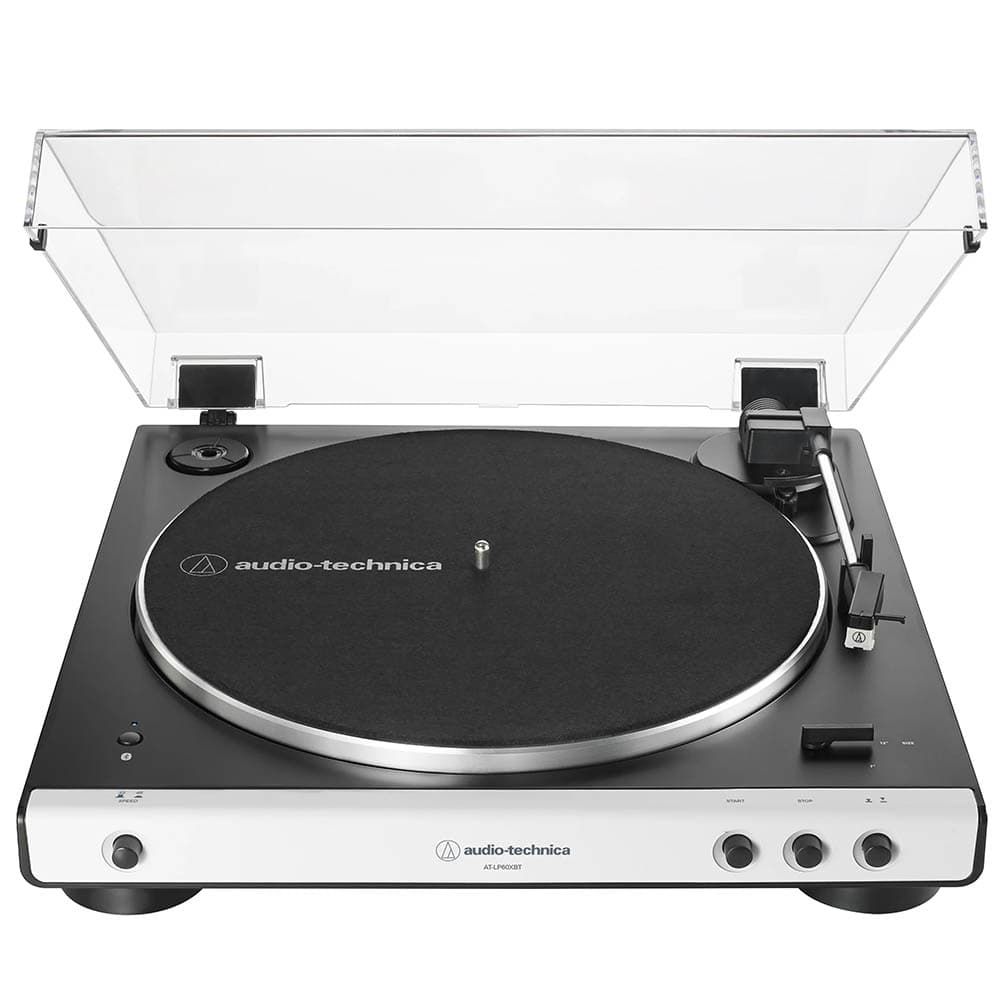 product front shot of Audio Technica LP60XBT-WH Fully Automatic Wireless Belt-Drive Turntable