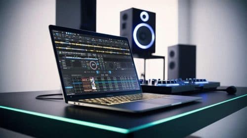 Laptop computer used in a beginner DJ setup