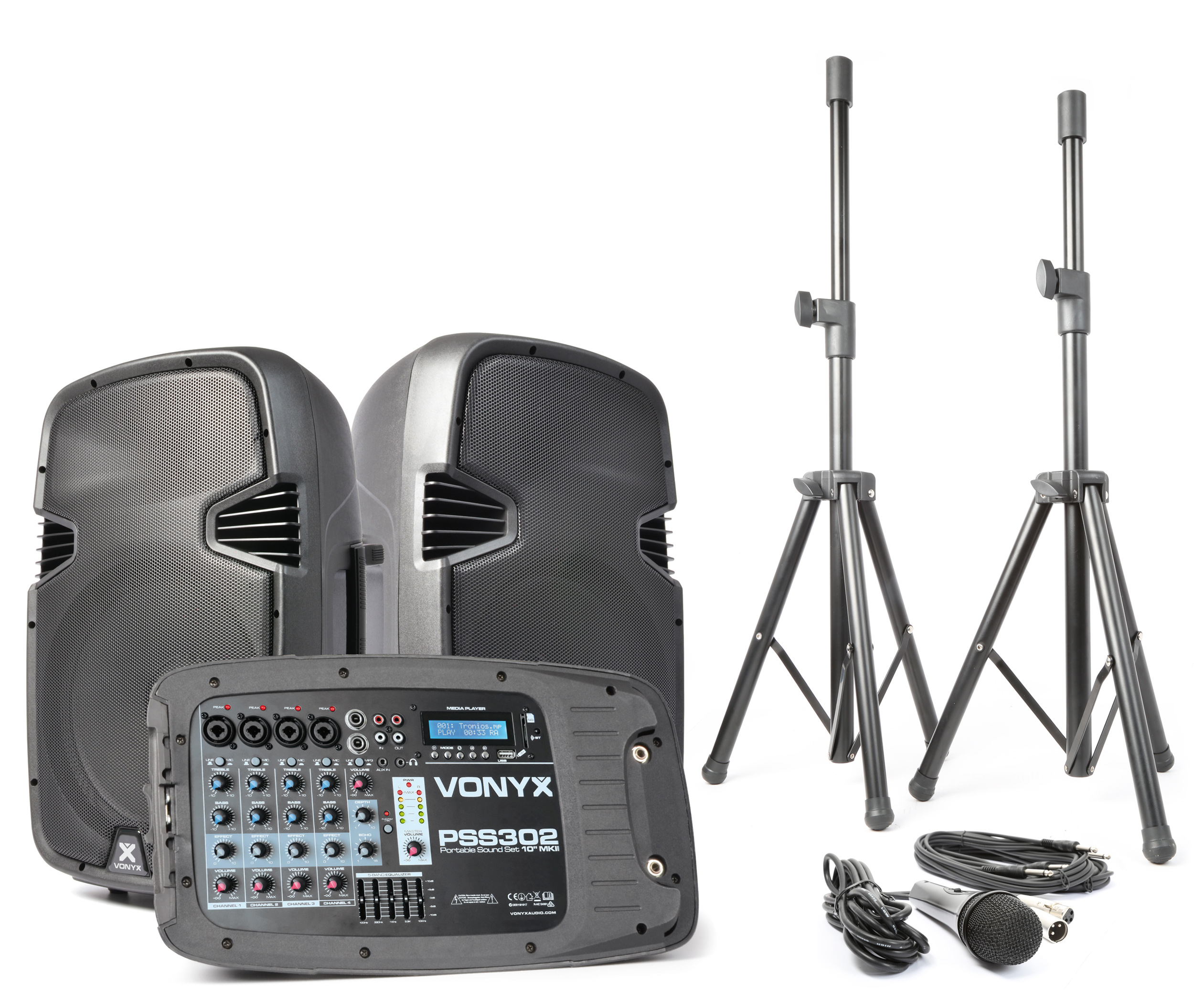 Group shot of PSS302 Portable PA speaker Set 10" with Stands and mic