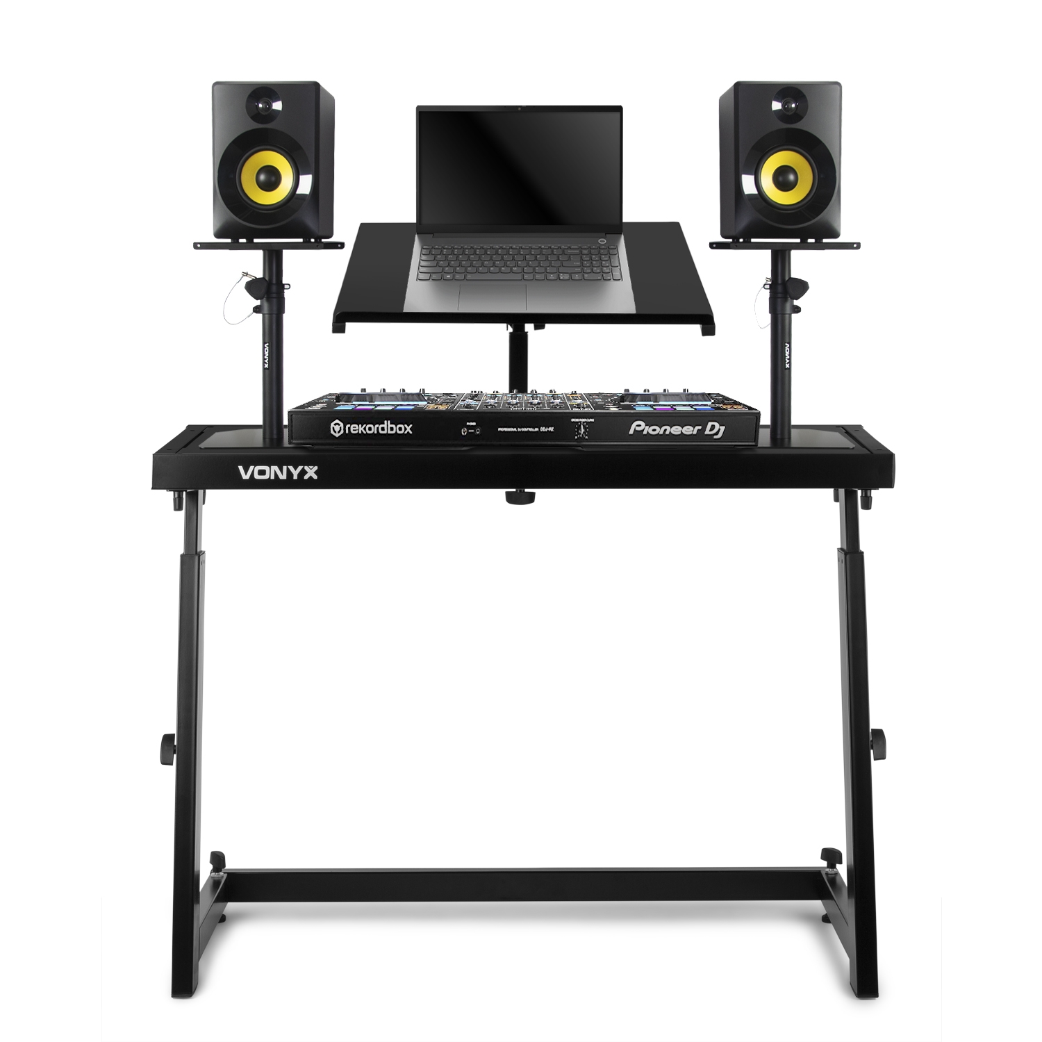 Front facing shot of Vonyx db10 dj stand with laptop, speakers and dj decks.