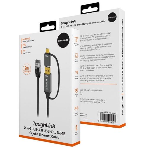 MBeat ToughLink 2m 2-in-1 USB-A & USB-C to RJ45 Gigabit Ethernet Cable