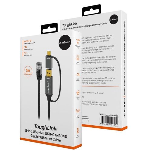MBeat ToughLink 3m 2-in-1 USB-A & USB-C to RJ45 Gigabit Ethernet Cable