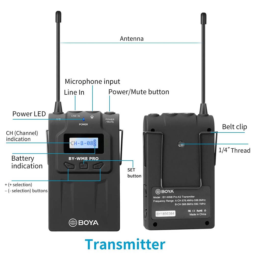 Boya WM8-PRO K2 UHF Dual Channel Wireless System with 2 x Beltpacks & Lapel Mics