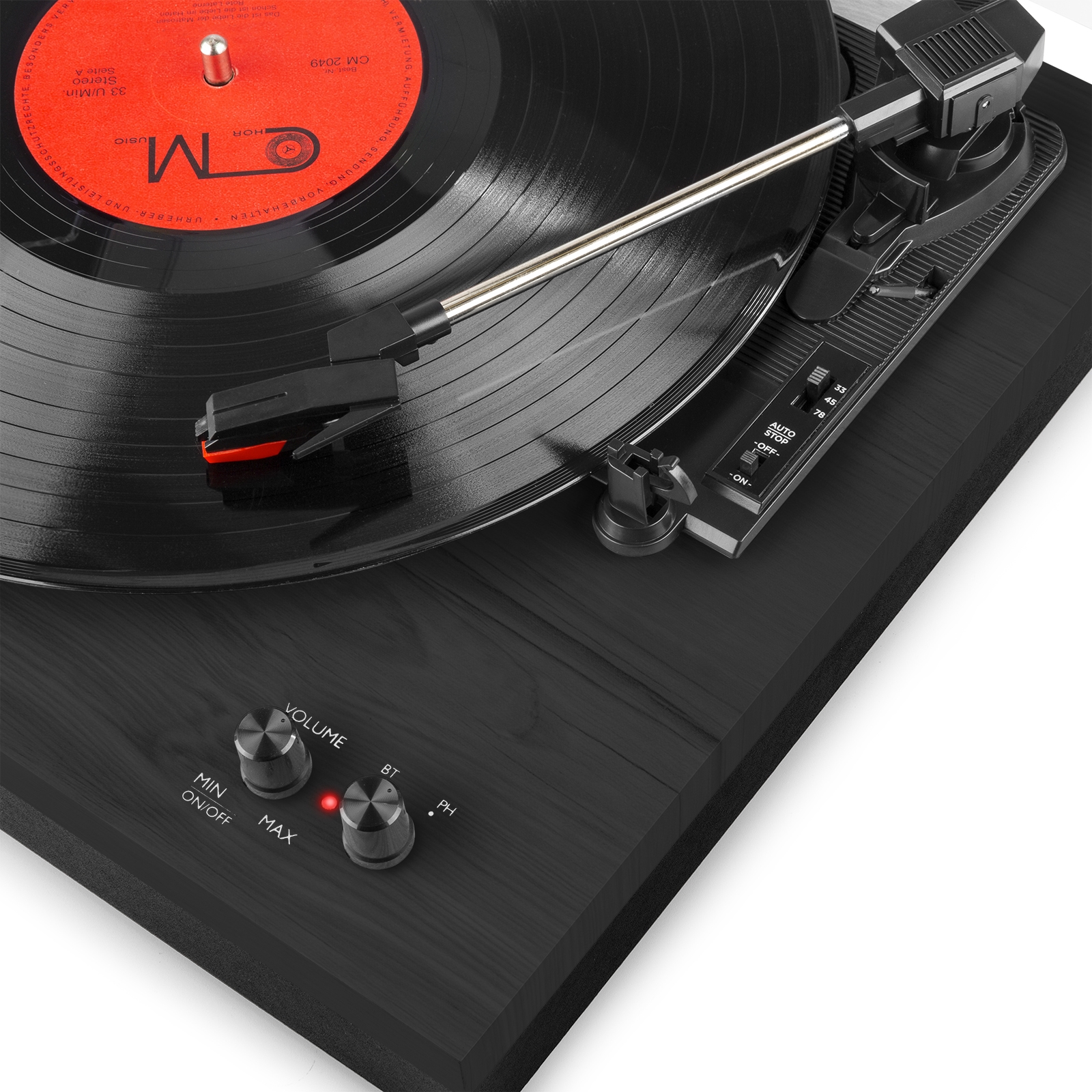 Close up top view shot of Fenton RP165B record player RPM knobs and tonearm