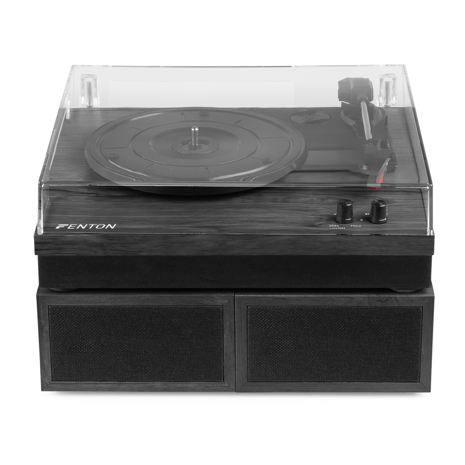 Front view of Fenton RP165B record player stacked on top of it's stereo speakers, with dust cover.