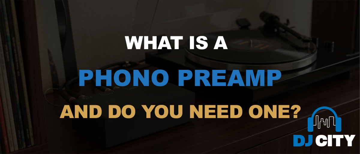 blog title header image "what is a phono preamp and do you need one?" with dark background of record player and preamp
